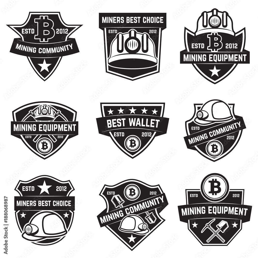 Set of cryptocurrency mining emblems isolated on white background. Design elements for logo,label, emblem, sign.