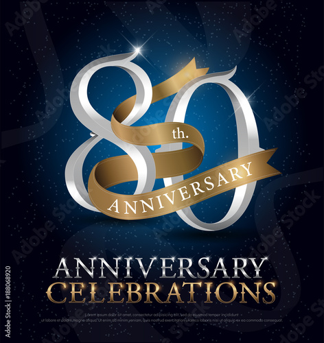 80th years anniversary celebration silver and gold logo with golden ribbon on dark blue background. vector illustrator