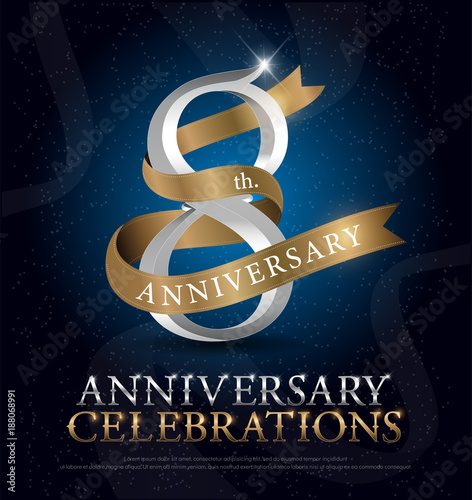 8th years anniversary celebration silver and gold logo with golden ribbon on dark blue background. vector illustrator