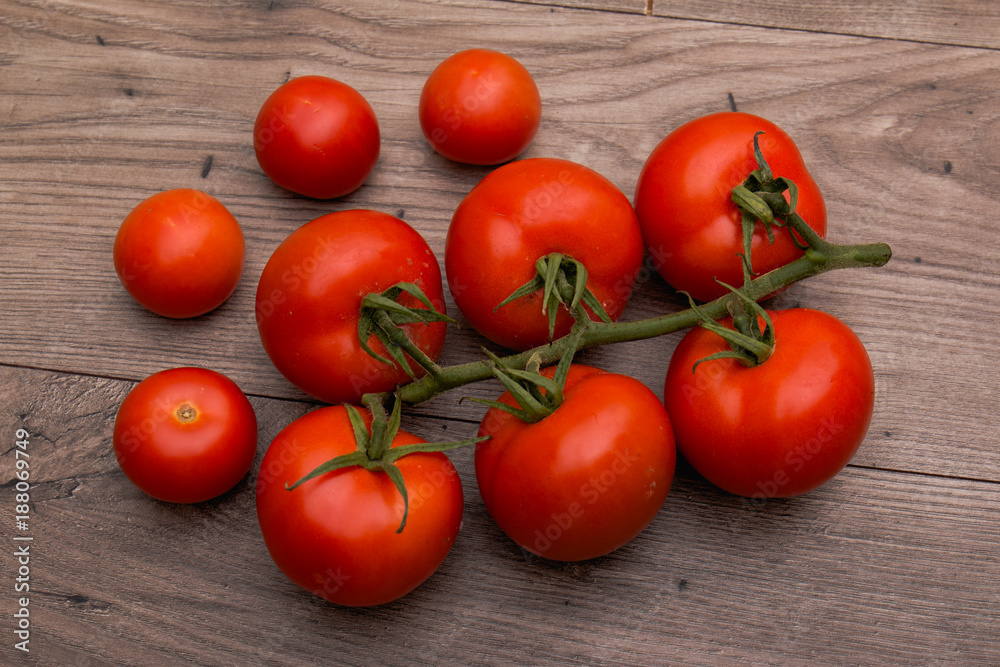 Tomatoes view from the top on a wooden table