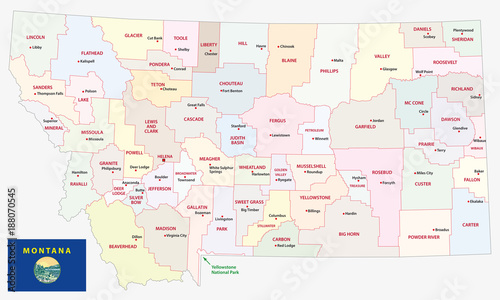 montana administrative and political vector map with flag photo