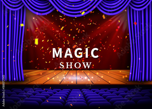 A theater stage with a blue curtain and a spotlight and wooden floor. Magic Show poster. Vector