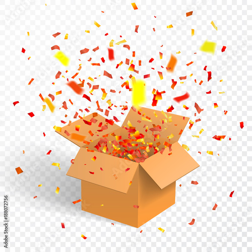 Open box with confetti, cardboard, vector container