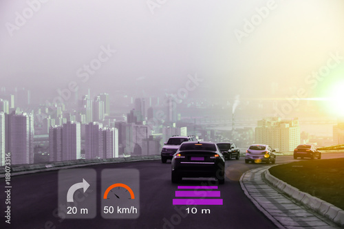 Smart car concept, autonomous car with Hud(head up display) technology , drive with driverless system in the big city photo