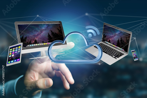 Devices like smartphone, tablet or computer flying over connected cloud - 3d render