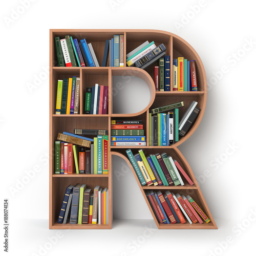 Letter R. Alphabet in the form of shelves with books isolated on white.