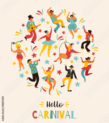 Hello Carnival Vector illustration of funny dancing men and women in bright costumes.