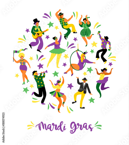 Mardi Gras. Vector illustration of funny dancing men and women in bright costumes
