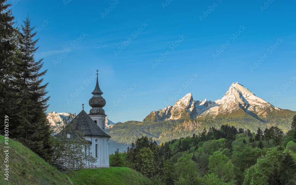 Maria Gern chapel and snow-capped peaks of Watzmann mountain