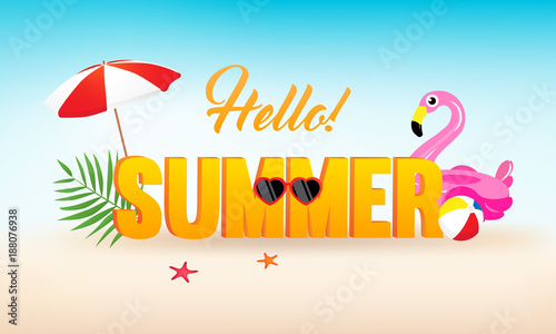 Hello! Summer banner vector illustration, Beautiful summer beach with sun umbrella and flamingo pool float