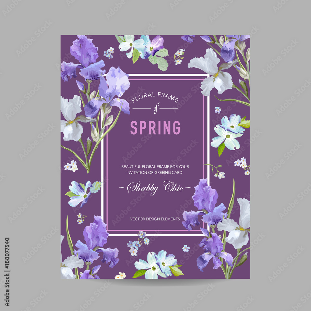 Obraz premium Floral Bloom Spring Frame with Purple Iris Flowers. Invitation, Poster, Greeting Card Flyer Template. Vector illustration
