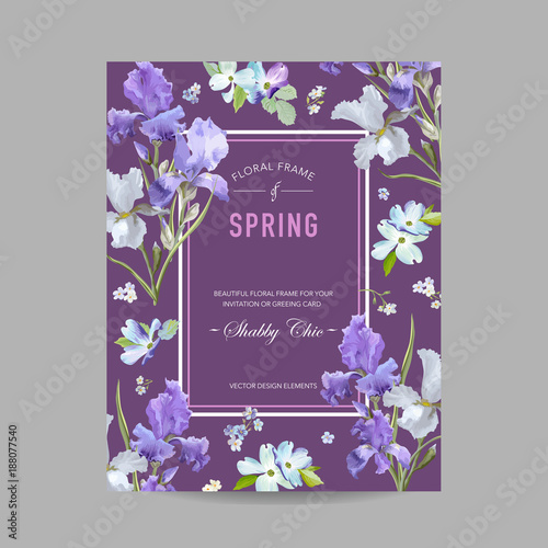 Floral Bloom Spring Frame with Purple Iris Flowers. Invitation, Poster, Greeting Card Flyer Template. Vector illustration