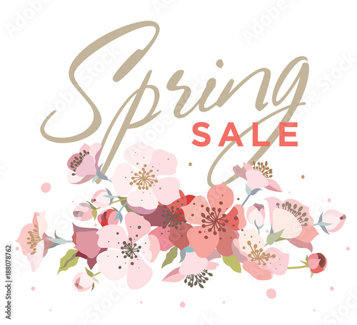 Spring sale background with blooming cherry. Banner template for promotions, advertising, web sites. Vector illustration.