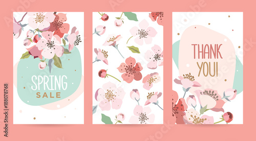 A set of cards with blooming cherry. Design template card for the hotel, beauty salon, spa, restaurant, club. Vector illustration of a spring bouquet of flowers.