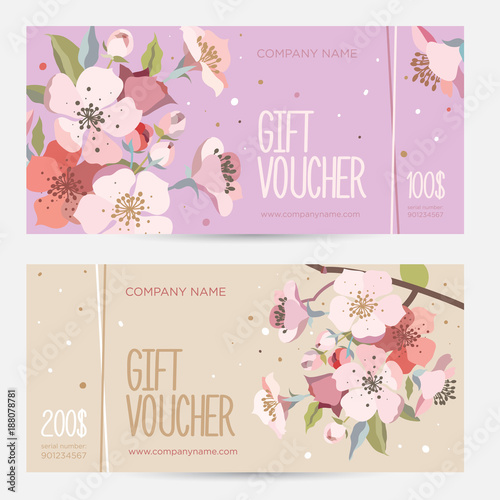 Gift card with сherry blossoms. Invitation card. Coupon template. Background for the invitation, shop, beauty salon, spa. 