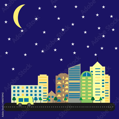 modern city with tall houses and skyscrapers at night. Cityscape of road and cars under starry sky with moon. Skylines vector.