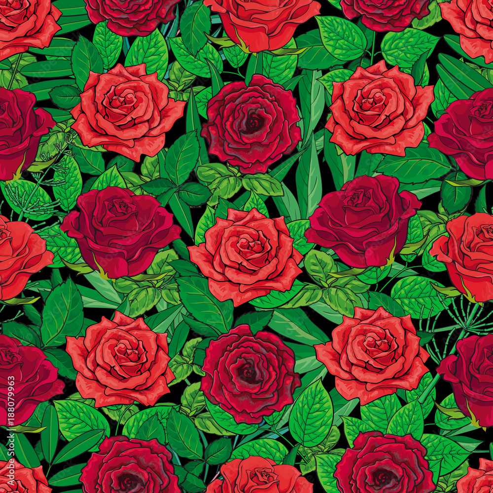 Seamless pattern of hand drawn red roses and leaves on black background, beautiful textile, backdrop, wrapping paper design. Hand-drawn red and scarlet red roses forming seamless background