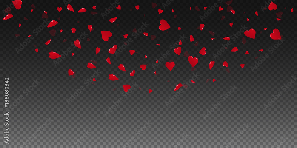 3d hearts valentine background. Top semicircle on transparent grid dark background. 3d hearts valentines day cute design. Vector illustration.