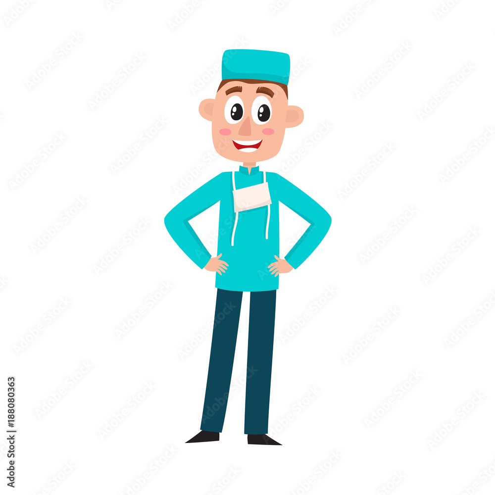 vector flat cartoon adult male doctor, surgeon in green medical uniform - mask cap, holding hands on belt smiling. Isolated illustration on a white background. vector flat cartoon adult male doctor, surgeon in green medical uniform - mask cap, holding hands on belt smiling. Isolated illustration on a white background.