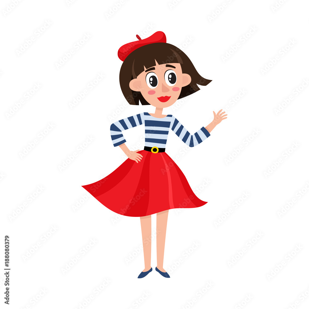 vector flat cartoon beautiful young woman in red felt beret, long skirt, striped tshirt smiling. French, parisian style female portrait full length. Isolated illustration ona white background.