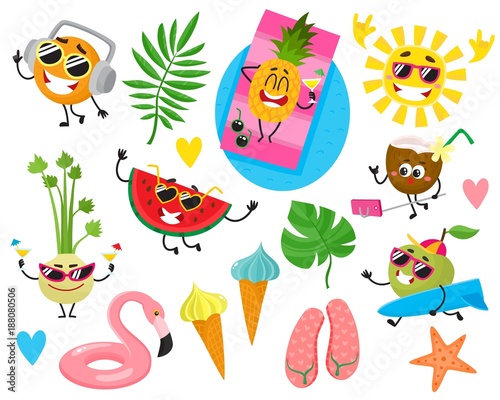 Set of fruit and sun characters having fun in summer and holiday elements, cartoon vector illustration isolated on white background. Cartoon set of funny fruit character, sun and summer holiday items