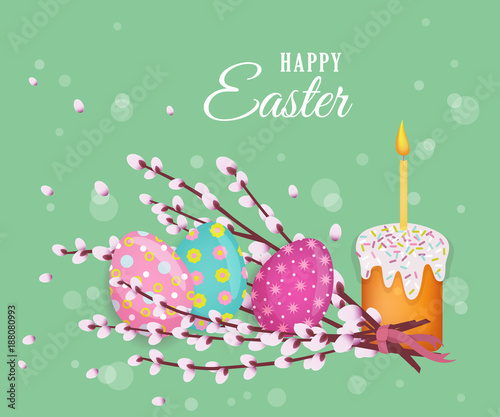 vector easter holiday poster, banner background template with spring festive elements - decorated eggs, easter cake with candle, pussy willow twigs for your design. Illustration on green background.