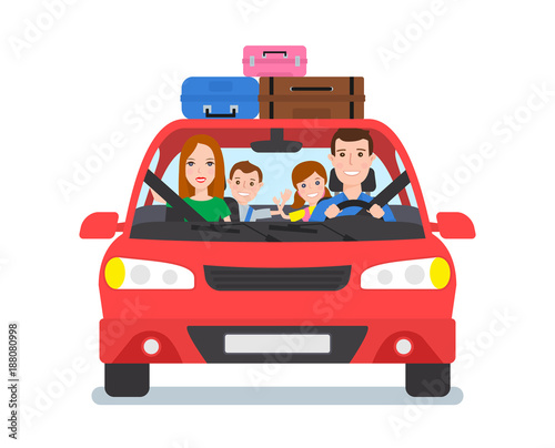 happy family travel by car front view
