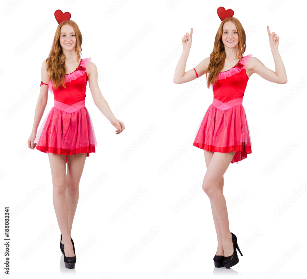 Pretty young model in mini pink dress isolated on white Pretty young model in mini pink dress isolated on white