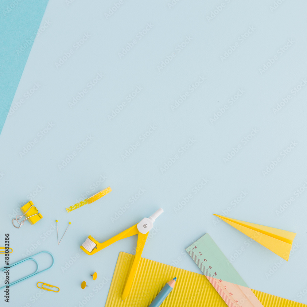 School or office creative desk. Flat lay.