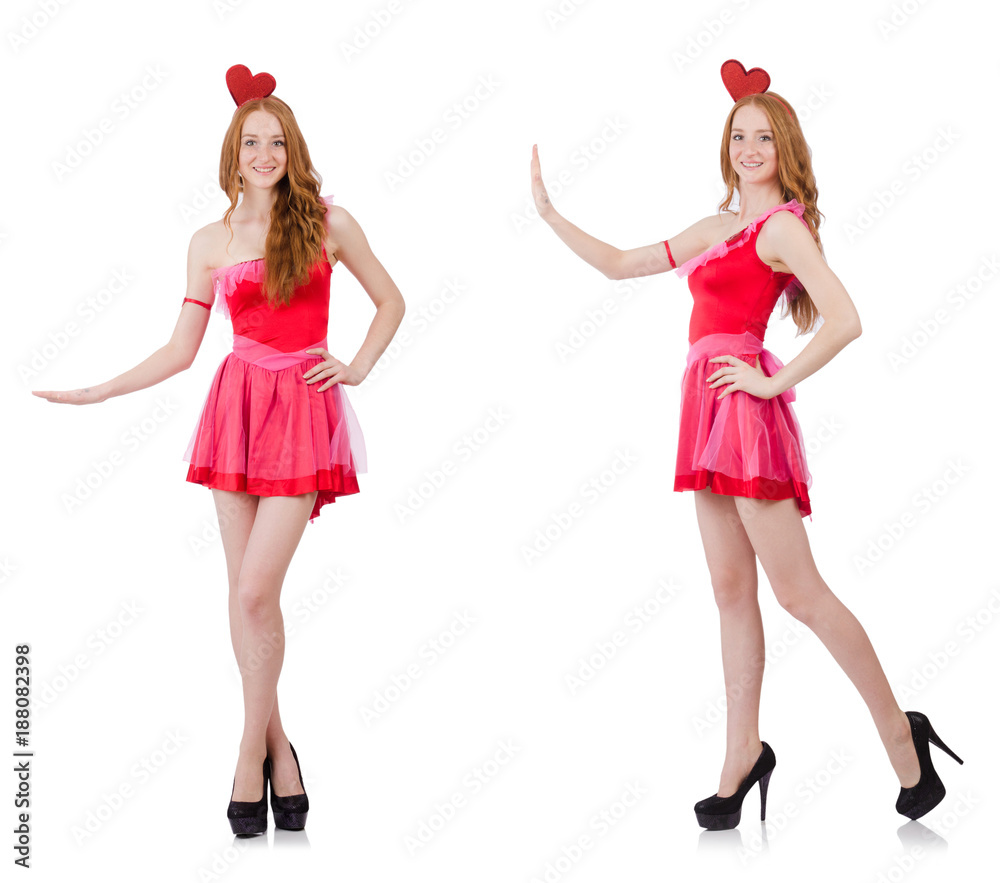Pretty young model in mini pink dress isolated on white Pretty young model in mini pink dress isolated on white