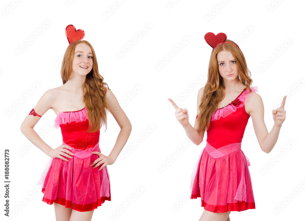 Pretty young model in mini pink dress isolated on white Pretty young model in mini pink dress isolated on white