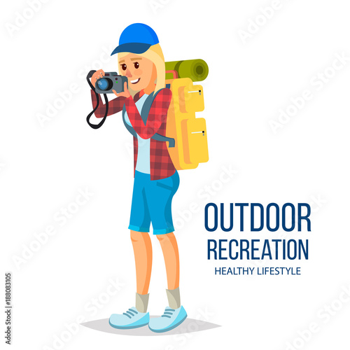 Hiking Female Vector. Climbing, Trekking, Hiking, Walking. Sport Activity People. Isolated On White Cartoon Character Illustration