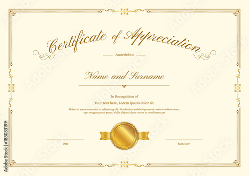 Luxury gold certificate template with elegant border frame, Diploma design for graduation or completion