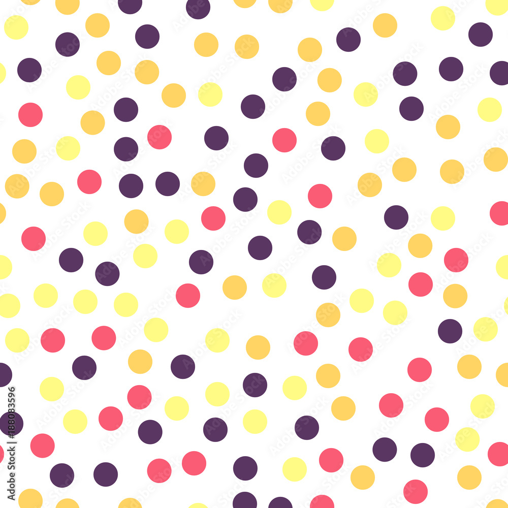Colorful polka dots seamless pattern on black 25 background. Stunning classic colorful polka dots textile pattern. Seamless scattered confetti fall chaotic decor. Abstract vector illustration.