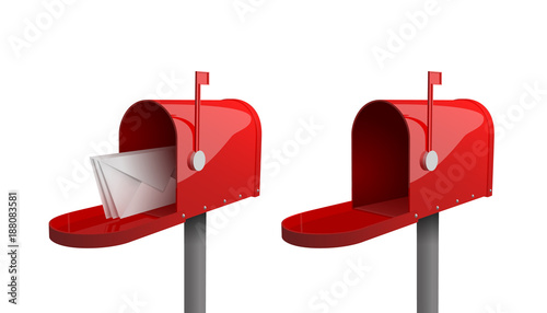 A set of mailboxes with a closed door, a raised flag, with an open door and letters inside. 3d illustration of red mailbox with envelope, isolated on white background. Realistic vector illustration.