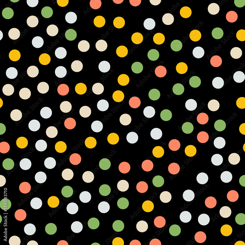 Colorful polka dots seamless pattern on black 5 background. Curious classic colorful polka dots textile pattern. Seamless scattered confetti fall chaotic decor. Abstract vector illustration. Colorful polka dots seamless pattern on black 5 background. Curious classic colorful polka dots textile pattern. Seamless scattered confetti fall chaotic decor. Abstract vector illustration.
