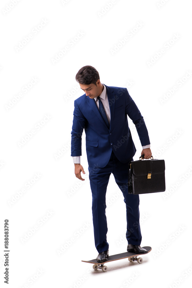Businessman riding skateboard isolated on white background