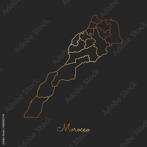 Morocco region map: golden gradient outline on dark background. Detailed map of Morocco regions. Vector illustration.