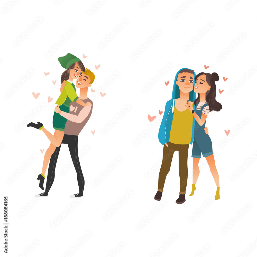 Vector cute young couples in love dating at valentine s day. Cartoon  beautiful characters in casual clothing hugging, embrasing expressing care,  positive emotions, carrying girl. Isolated illustration Stock Vector |  Adobe Stock