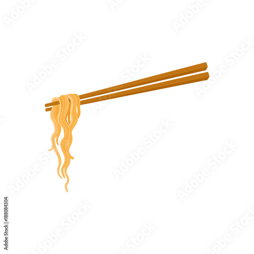 Chopsticks and noodle, Chinese, Japanese, Asian cuisine, cartoon vector illustration isolated on white background. Noodle held by two chopsticks, Asian fast food