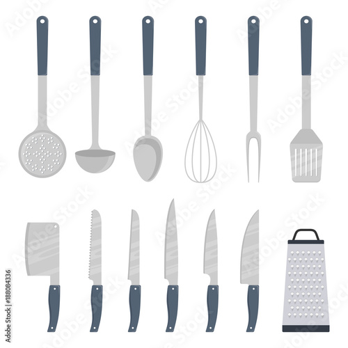 Kitchen utensils, set. Ladle, spatula, whisk, skimmer, spoon, grater, kitchen axe, knife, vector illustration isolated.