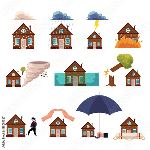 Set of house insurance icons - protection from hurricane, fire, flood, theft, falling trees, lightning, cartoon style vector illustration isolated on white background. House insurance concept icons