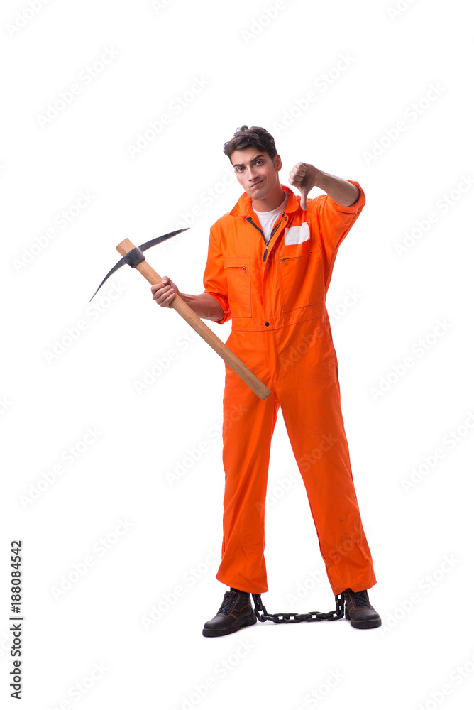 Prisoner with axe isolated on white background