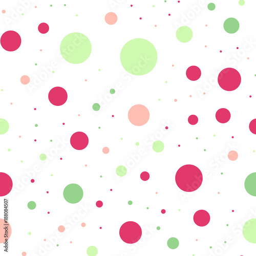 Colorful polka dots seamless pattern on white 20 background. Nice classic colorful polka dots textile pattern. Seamless scattered confetti fall chaotic decor. Abstract vector illustration.