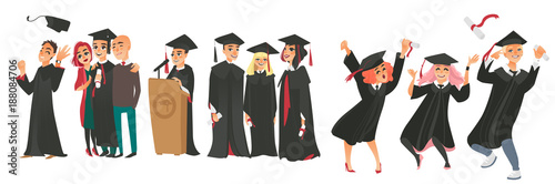 vector flat college, university graduates scenes set. Boy standing hugging parents, friends in graduation gown, caps standing smiling holding diplomas celebrating, dancing. Isolated illustration.