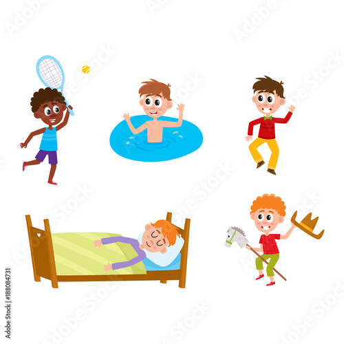 Fototapeta Naklejka Na Ścianę i Meble -  vector summer camp kids set. Caucasian and african boys sleeping in bed, playing badminton and dancing at party, swimming in water, playing at stage. Isolated illustration white background