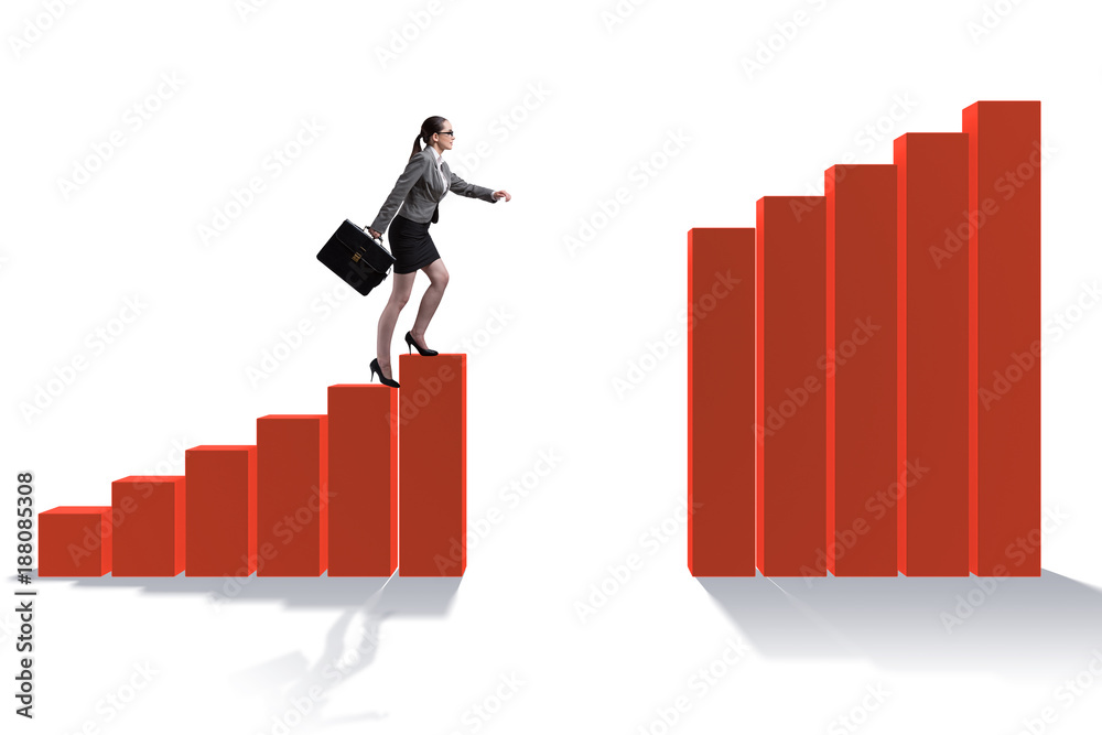 Businesswoman climbing bar chart in economic recovery concept