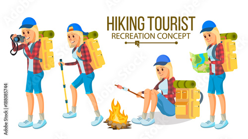 Hiking Woman Vector. Hiking In Mountains. Adventures In Nature, Vacation. Isolated Flat Cartoon Character Illustration