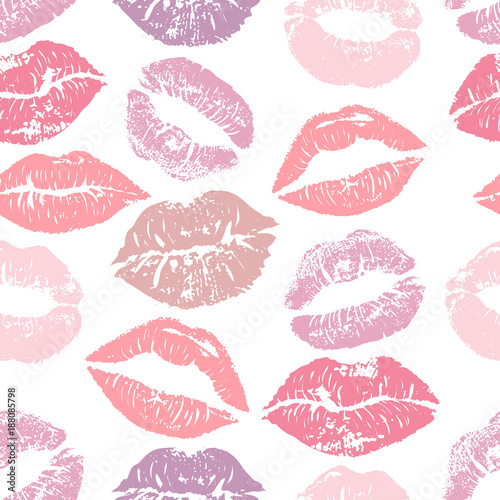 Seamless pattern with lipstick kisses. Colorful lips of gentle purple and pink shades isolated on a white background.fabric print  wrapping or romantic greeting card design. Lipstick kiss vector