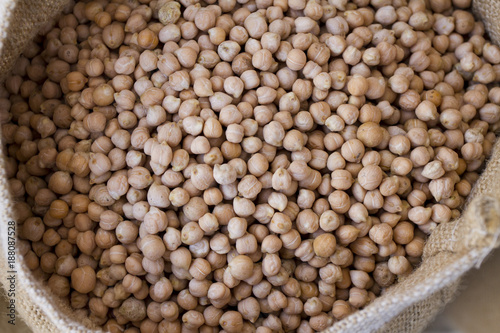Organic chickpeas grains in a bag for storage on a farmers market